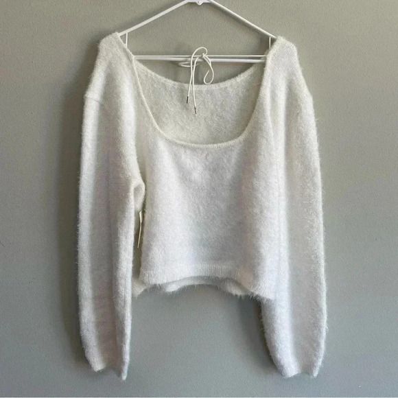 NWT Anthropologie Sweater Tie Back White Fuzzy Sparkle Shimmer Long Sleeve XL - Picture 2 of 11